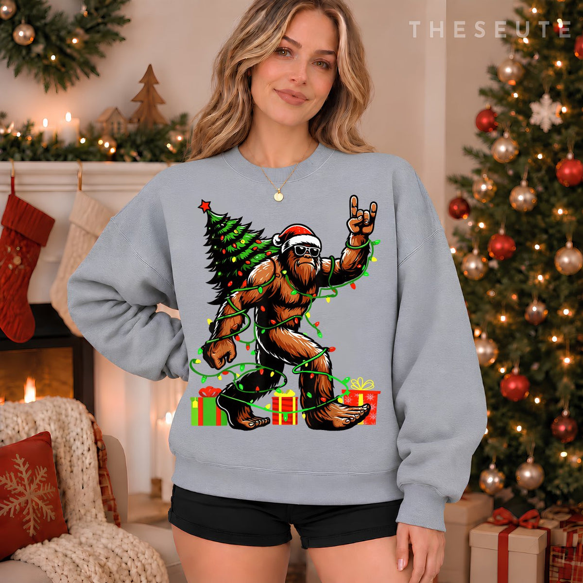 Santa Bigfoot Christmas Tree Xmas Lights Funny Sasquatch Sweatshirt