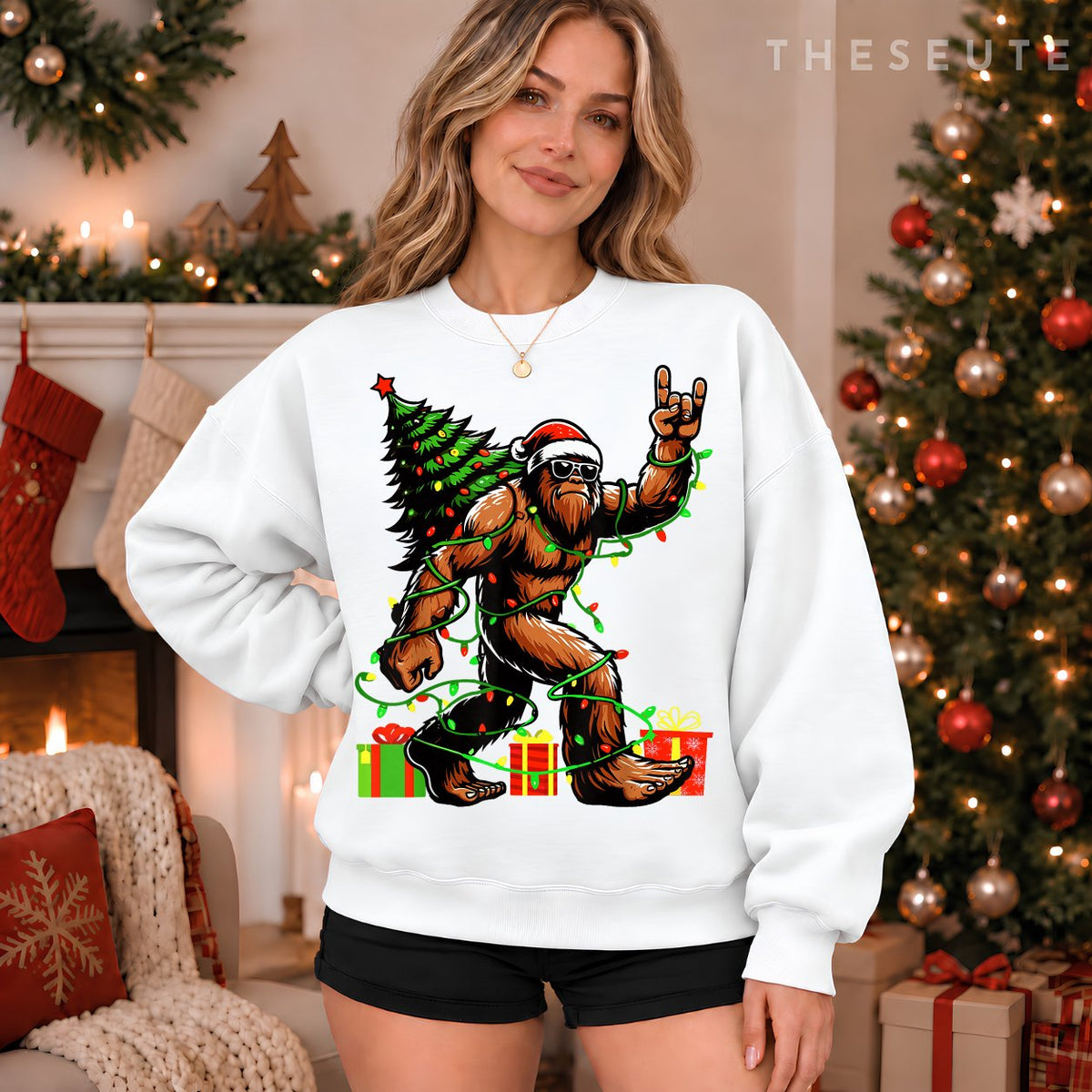 Santa Bigfoot Christmas Tree Xmas Lights Funny Sasquatch Sweatshirt