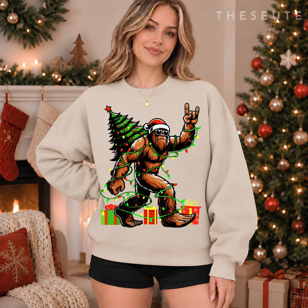 Santa Bigfoot Christmas Tree Xmas Lights Funny Sasquatch Sweatshirt