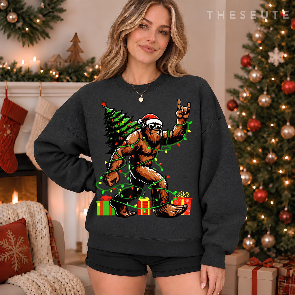 Santa Bigfoot Christmas Tree Xmas Lights Funny Sasquatch Sweatshirt