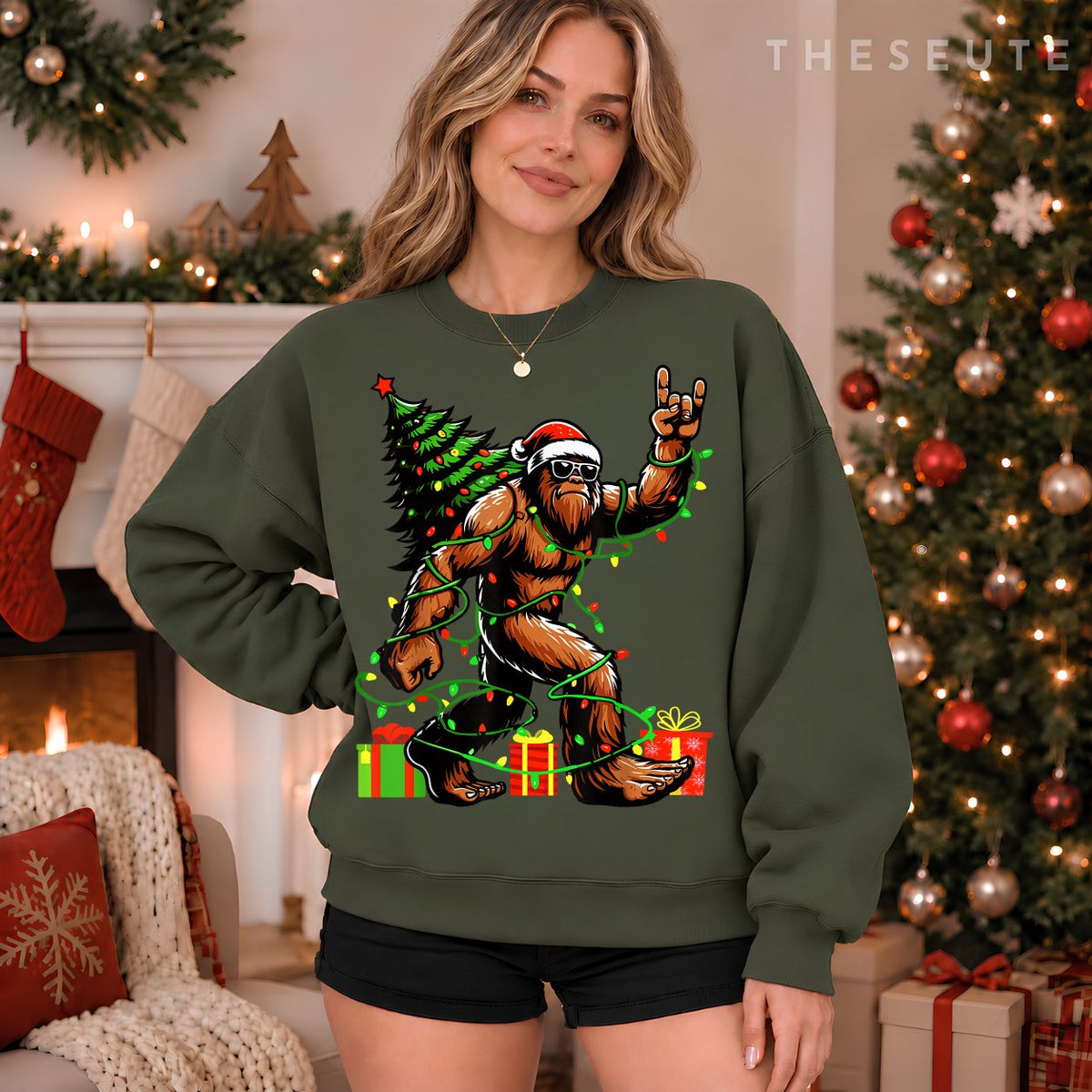 Santa Bigfoot Christmas Tree Xmas Lights Funny Sasquatch Sweatshirt