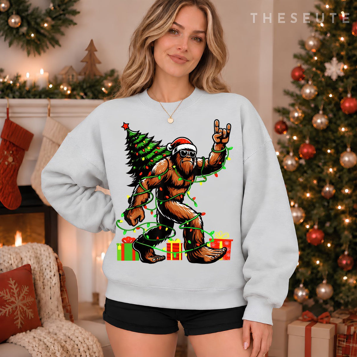 Santa Bigfoot Christmas Tree Xmas Lights Funny Sasquatch Sweatshirt