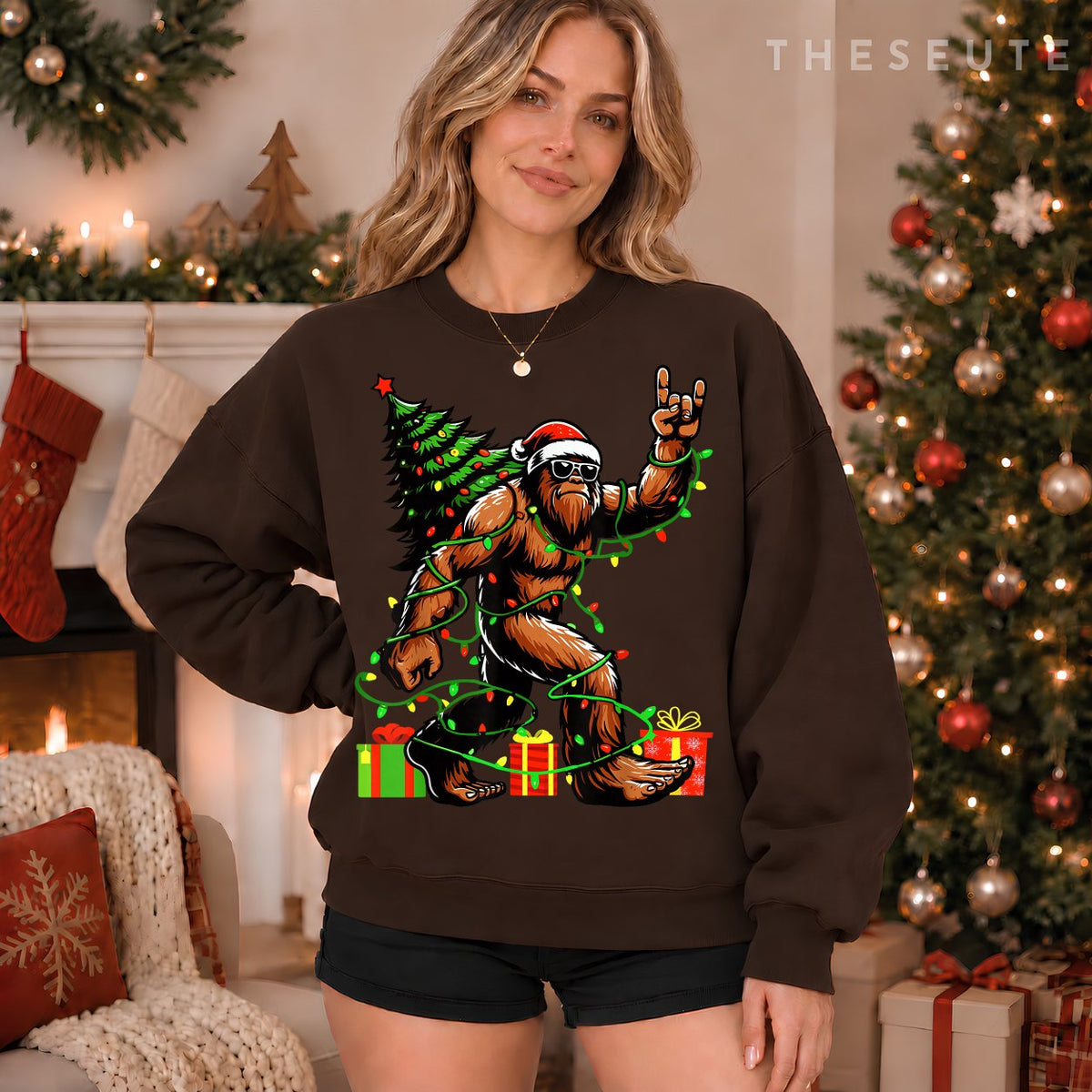 Santa Bigfoot Christmas Tree Xmas Lights Funny Sasquatch Sweatshirt
