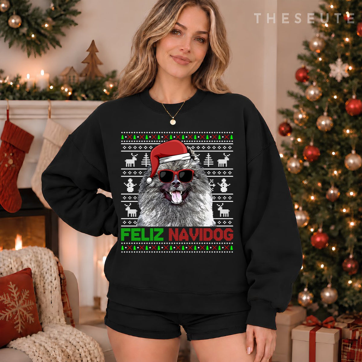 Keeshonden Dog Feliz Navidog Funny Christmas Sweatshirt