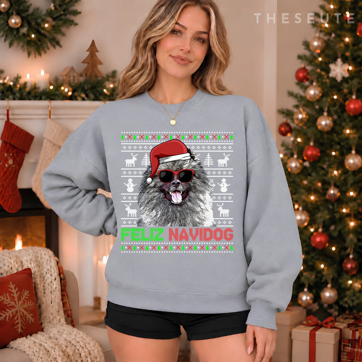 Keeshonden Dog Feliz Navidog Funny Christmas Sweatshirt