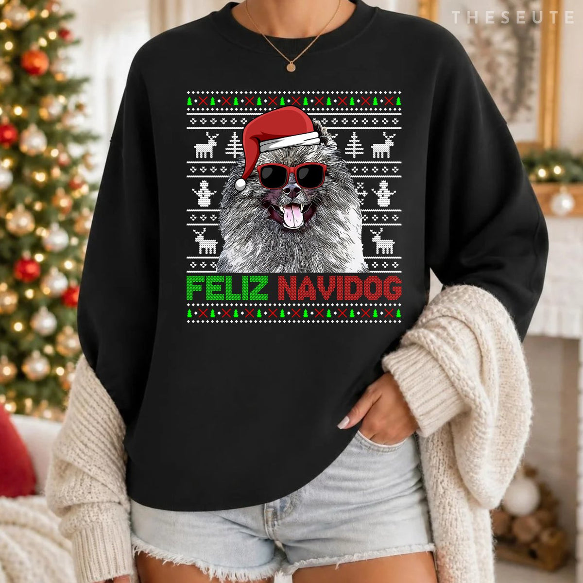 Keeshonden Dog Feliz Navidog Funny Christmas Sweatshirt