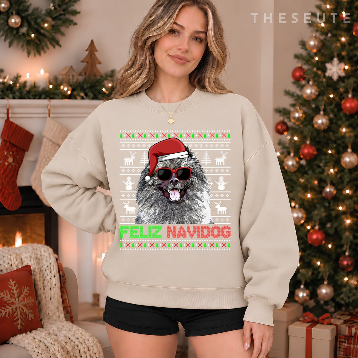 Keeshonden Dog Feliz Navidog Funny Christmas Sweatshirt
