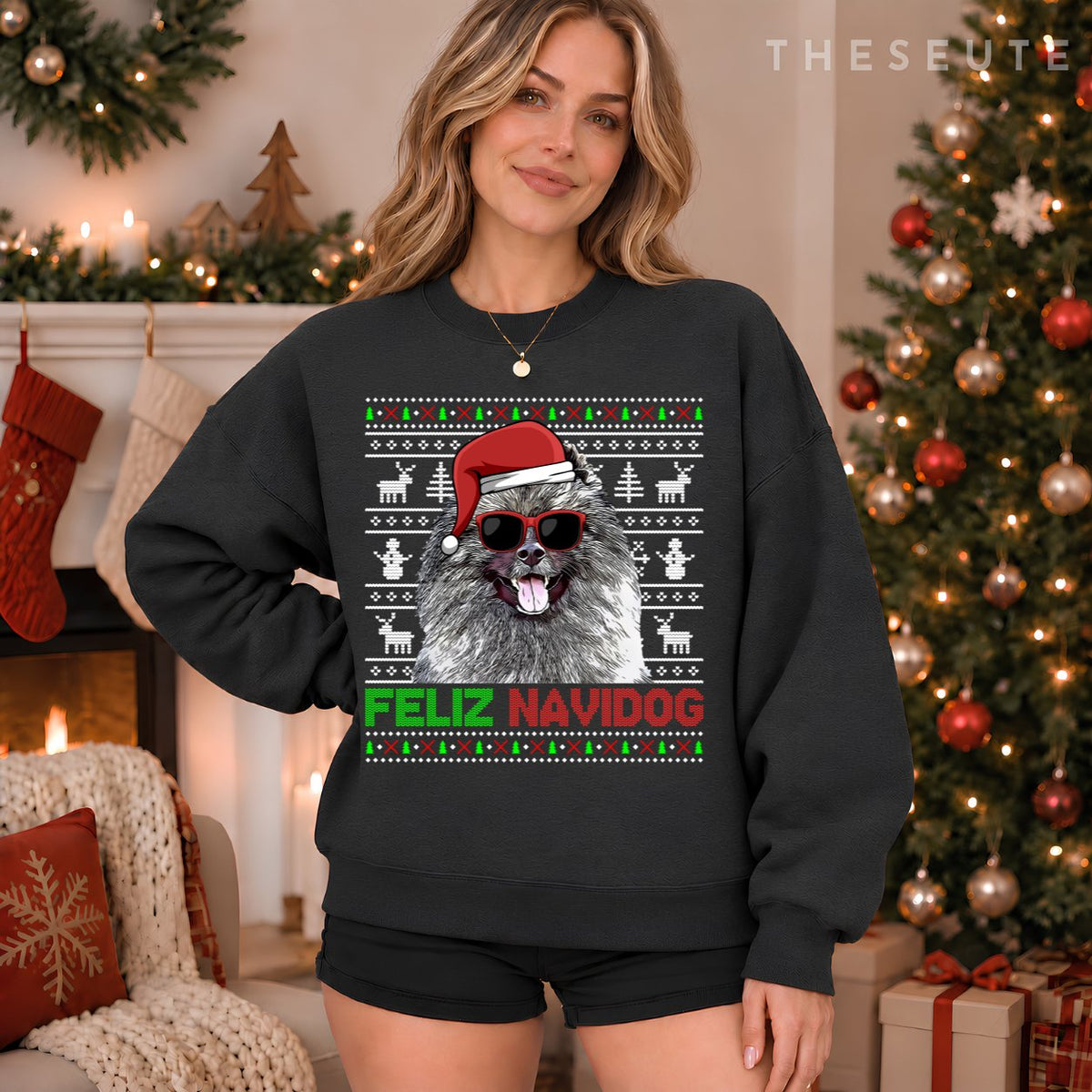 Keeshonden Dog Feliz Navidog Funny Christmas Sweatshirt