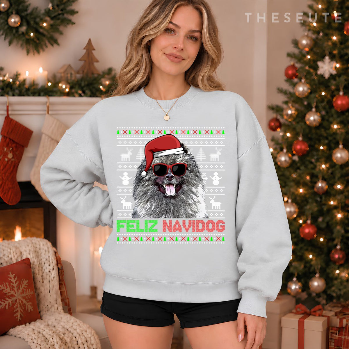 Keeshonden Dog Feliz Navidog Funny Christmas Sweatshirt