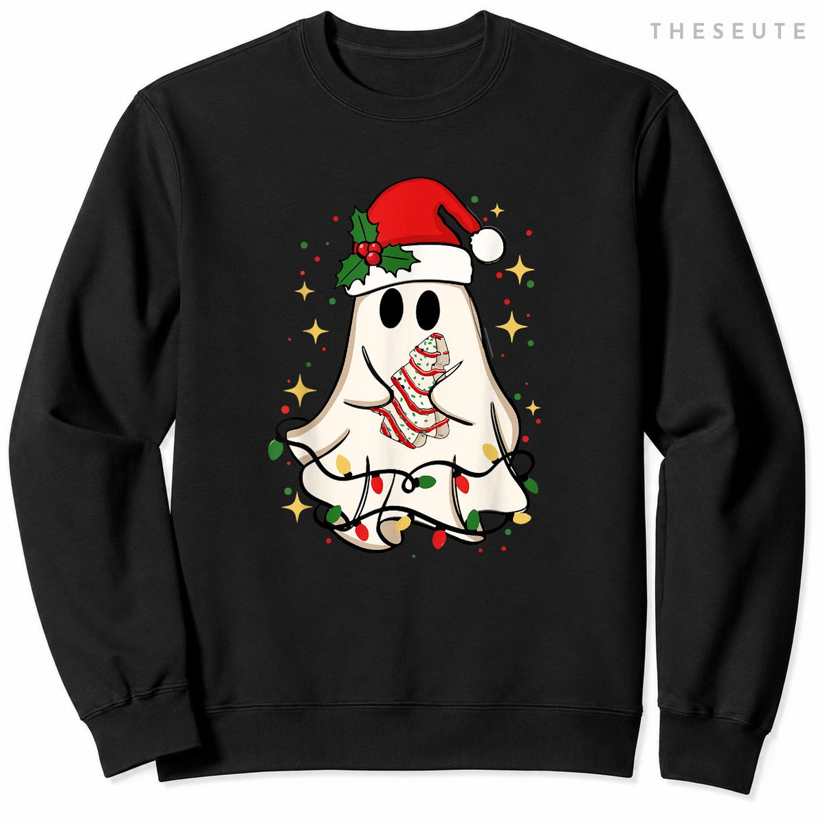 Cute Ghost Lights Tree Cake Merry Christmas Funny Xmas Sweatshirt