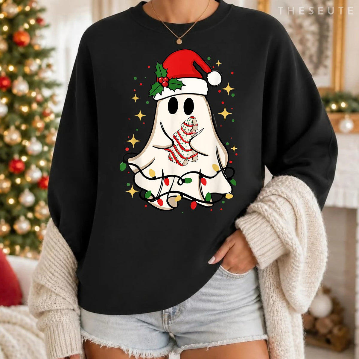 Cute Ghost Lights Tree Cake Merry Christmas Funny Xmas Sweatshirt