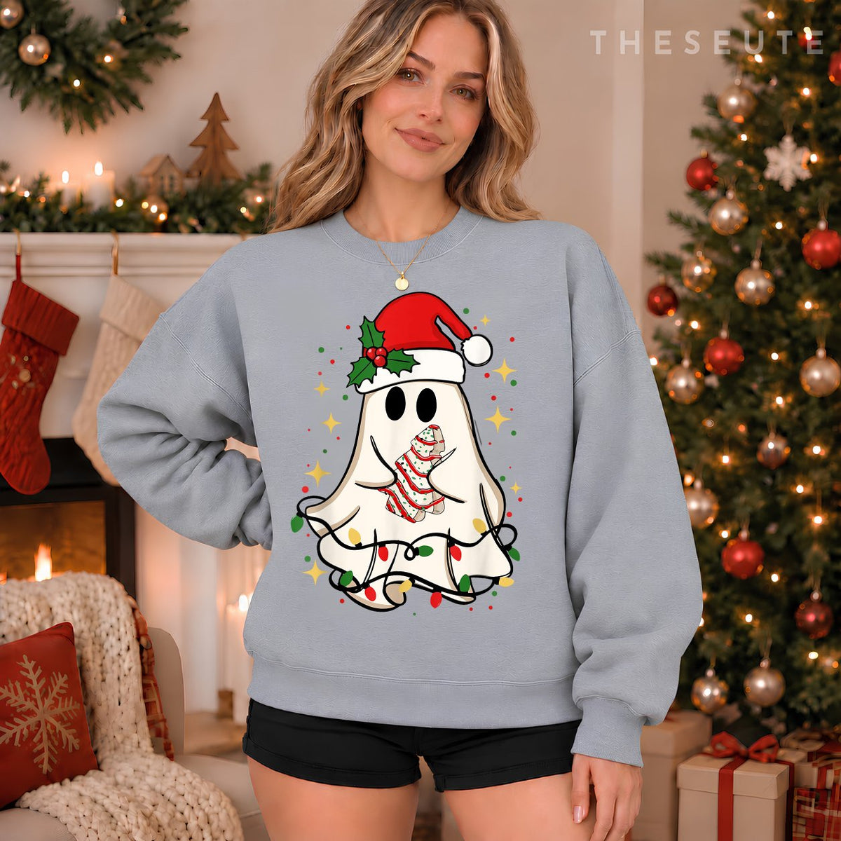 Cute Ghost Lights Tree Cake Merry Christmas Funny Xmas Sweatshirt