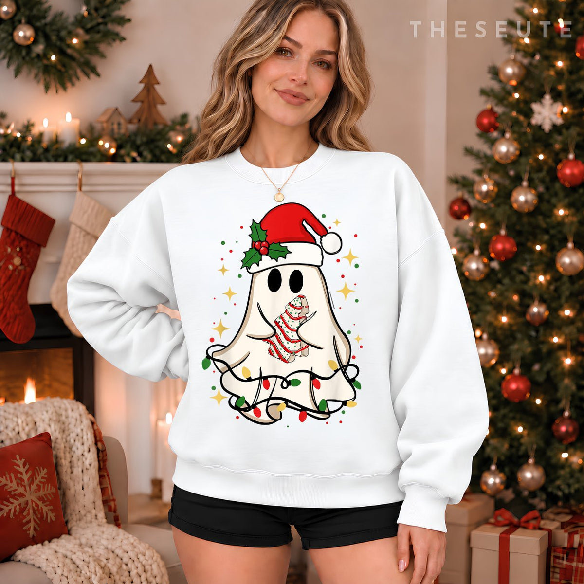 Cute Ghost Lights Tree Cake Merry Christmas Funny Xmas Sweatshirt