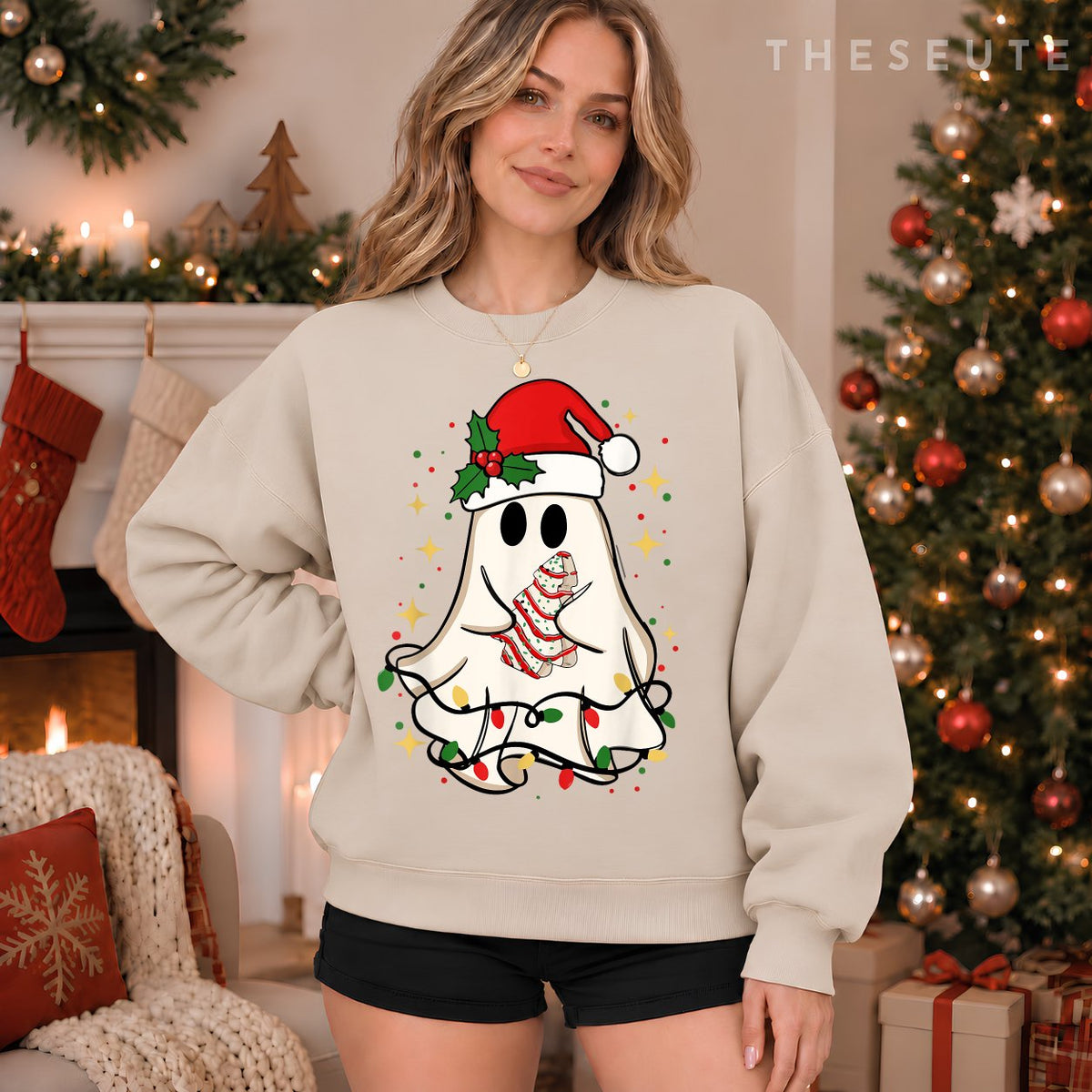 Cute Ghost Lights Tree Cake Merry Christmas Funny Xmas Sweatshirt
