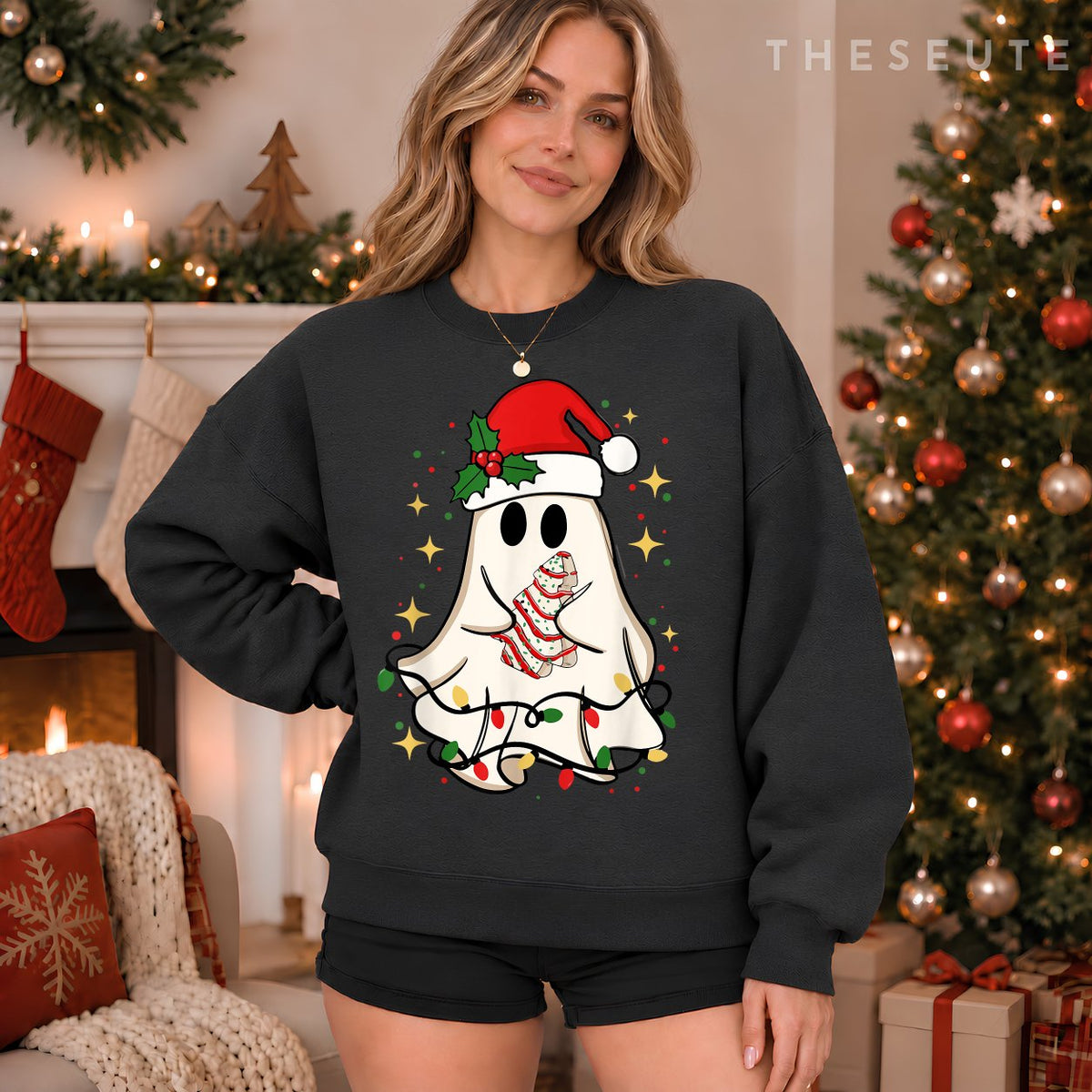 Cute Ghost Lights Tree Cake Merry Christmas Funny Xmas Sweatshirt