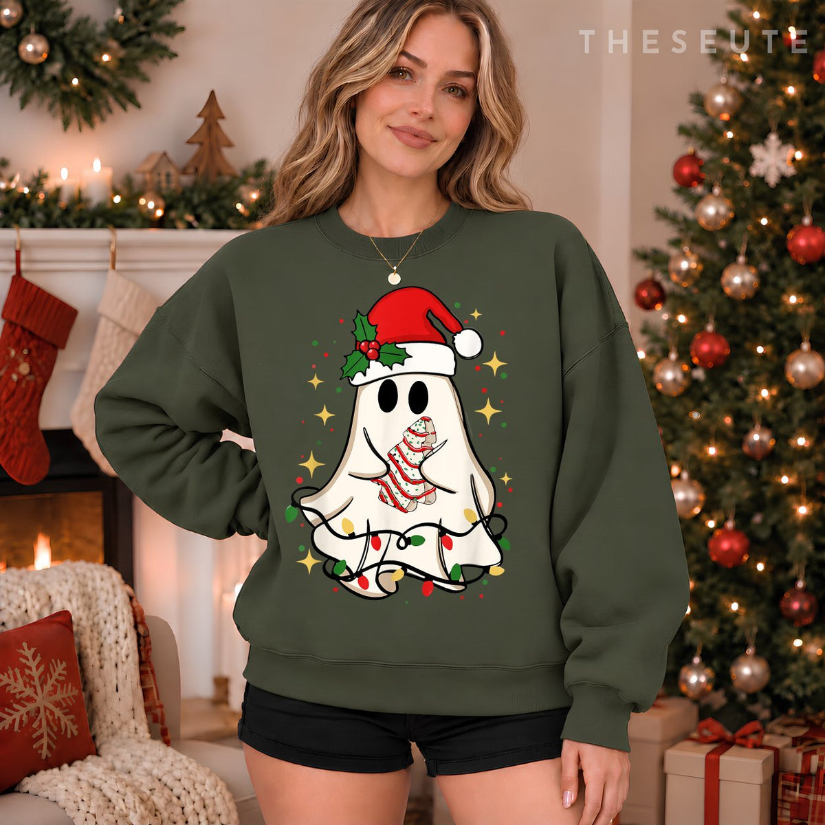 Cute Ghost Lights Tree Cake Merry Christmas Funny Xmas Sweatshirt