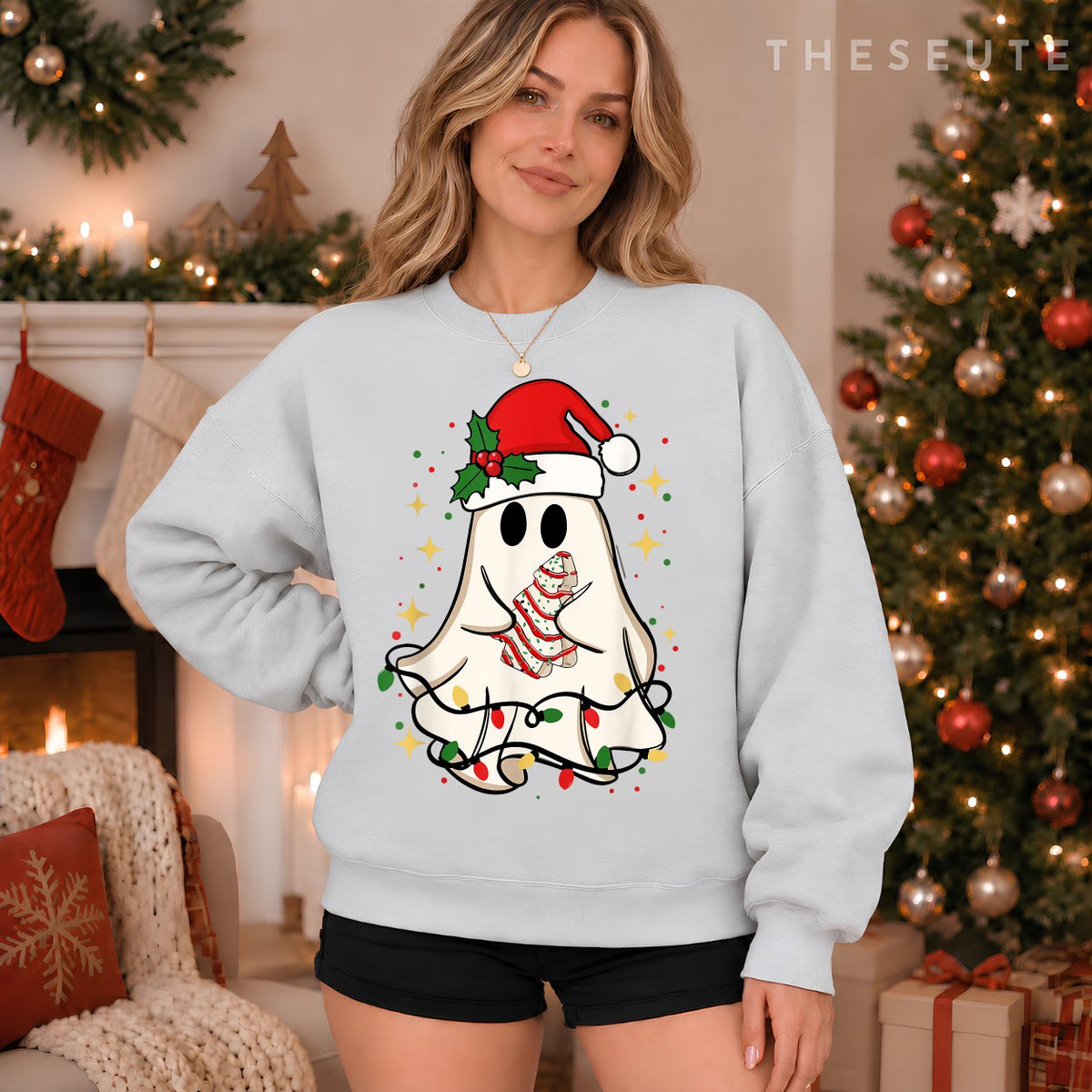 Cute Ghost Lights Tree Cake Merry Christmas Funny Xmas Sweatshirt