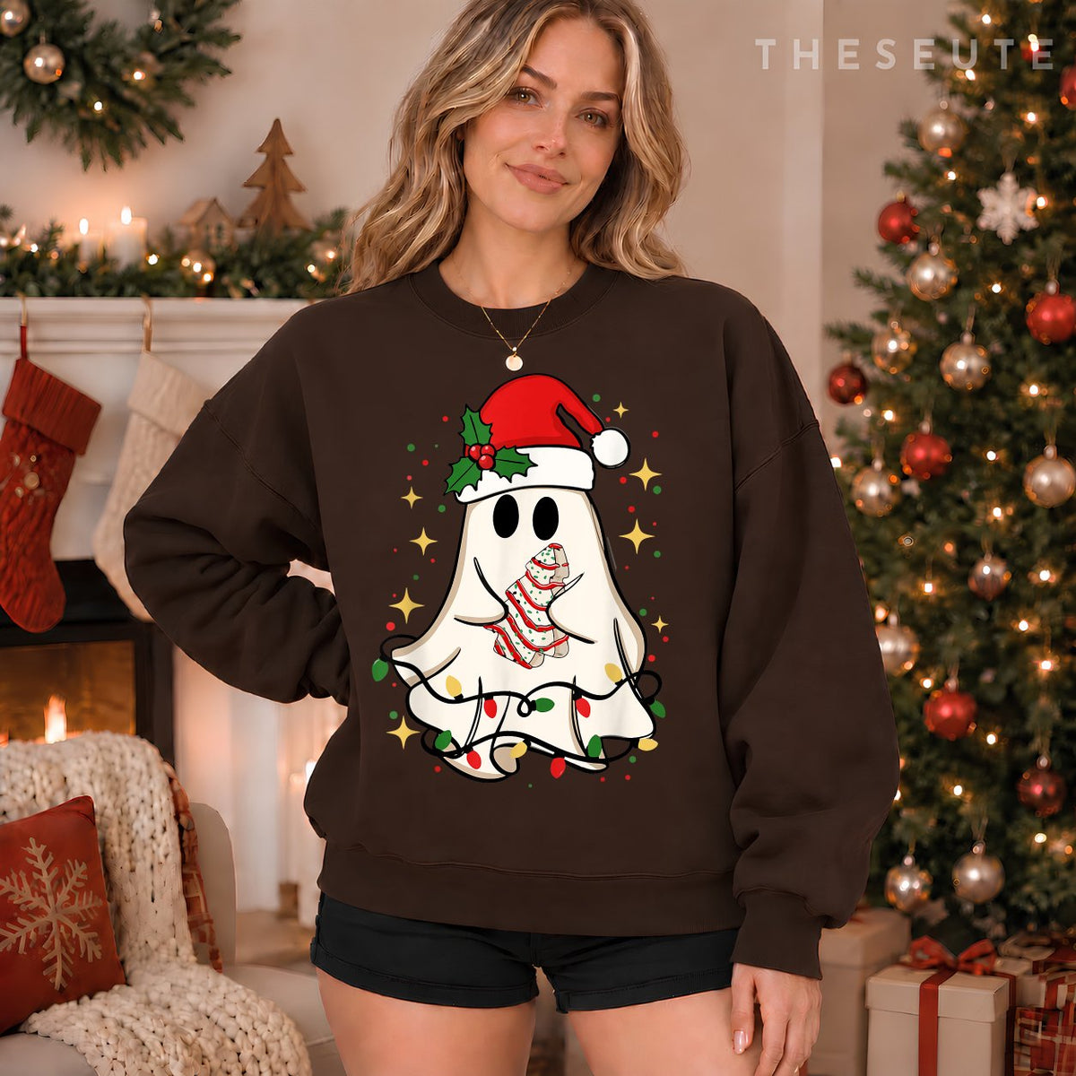 Cute Ghost Lights Tree Cake Merry Christmas Funny Xmas Sweatshirt