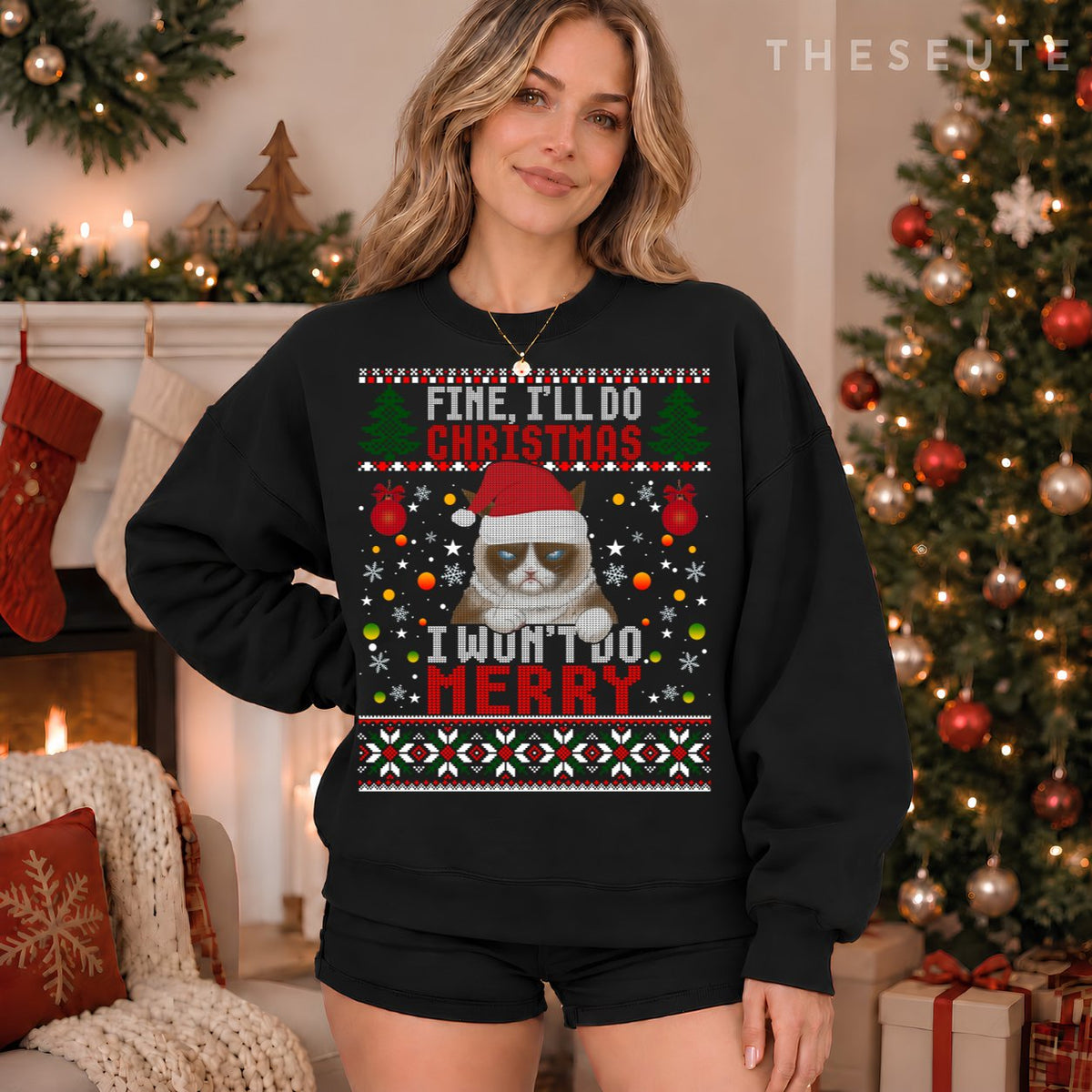 Funny Grumpy Christmas Cat Pun Joke Ugly Xmas Sweatshirt