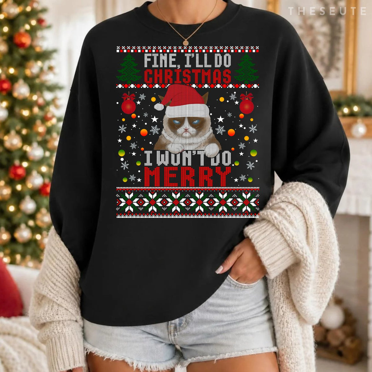Funny Grumpy Christmas Cat Pun Joke Ugly Xmas Sweatshirt