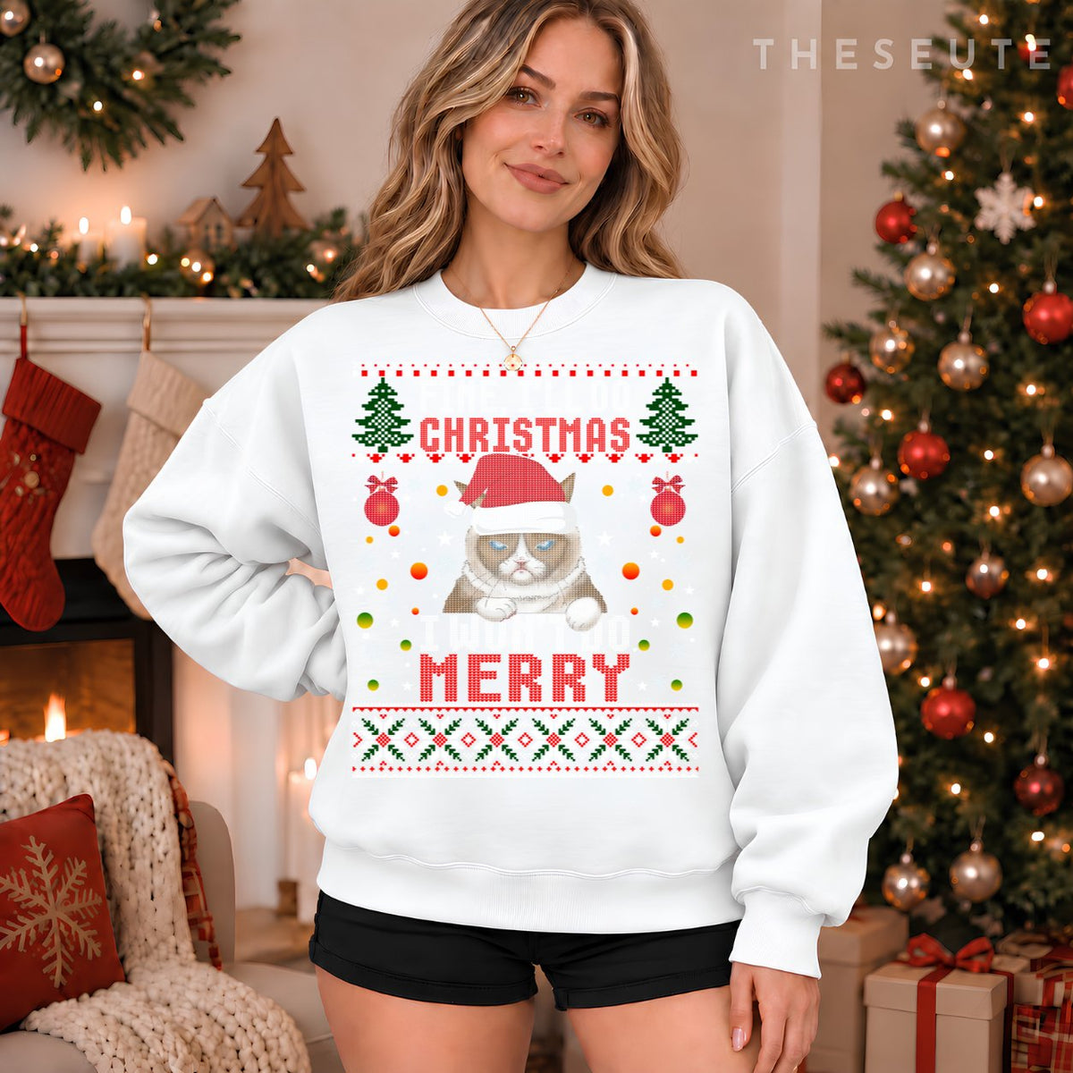 Funny Grumpy Christmas Cat Pun Joke Ugly Xmas Sweatshirt