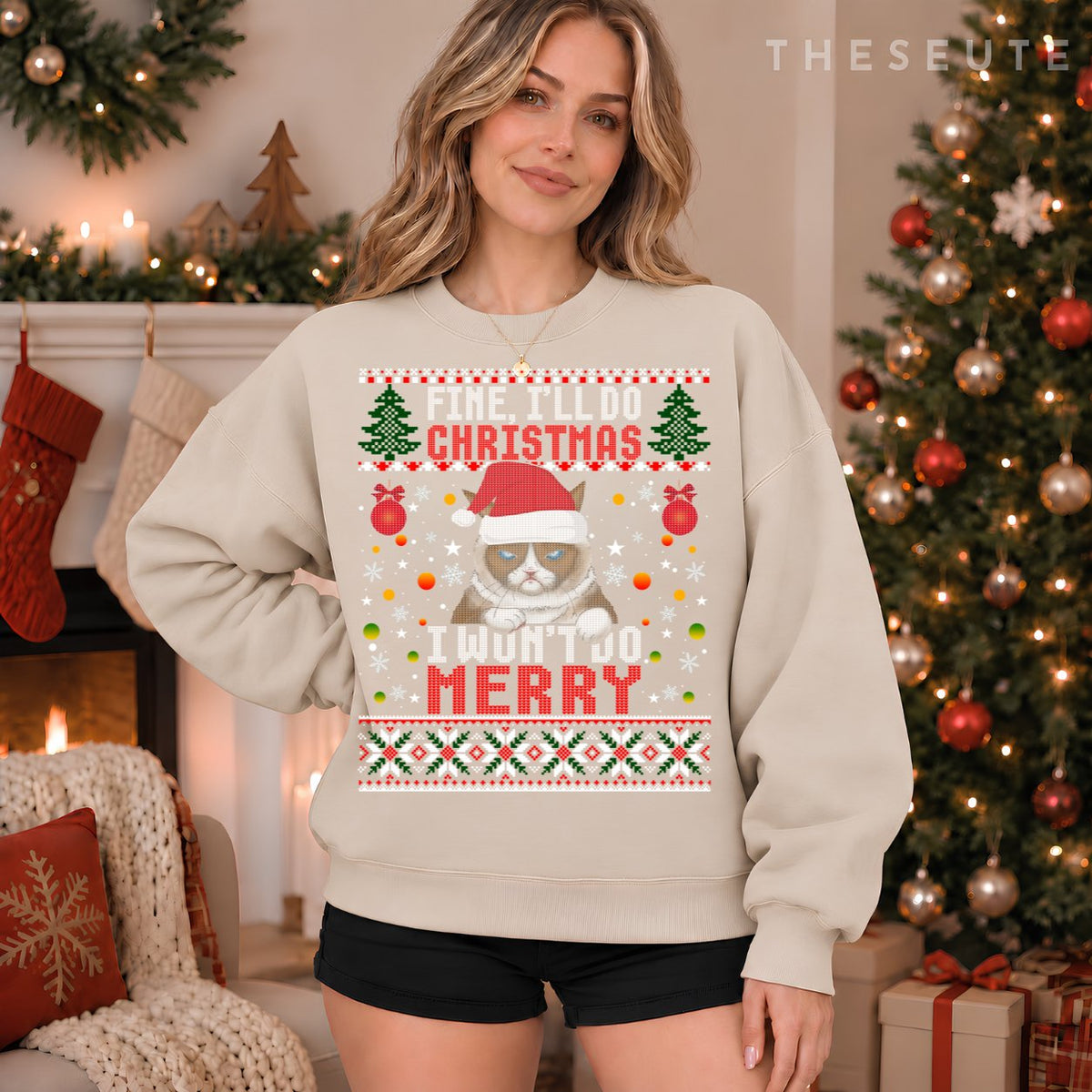 Funny Grumpy Christmas Cat Pun Joke Ugly Xmas Sweatshirt