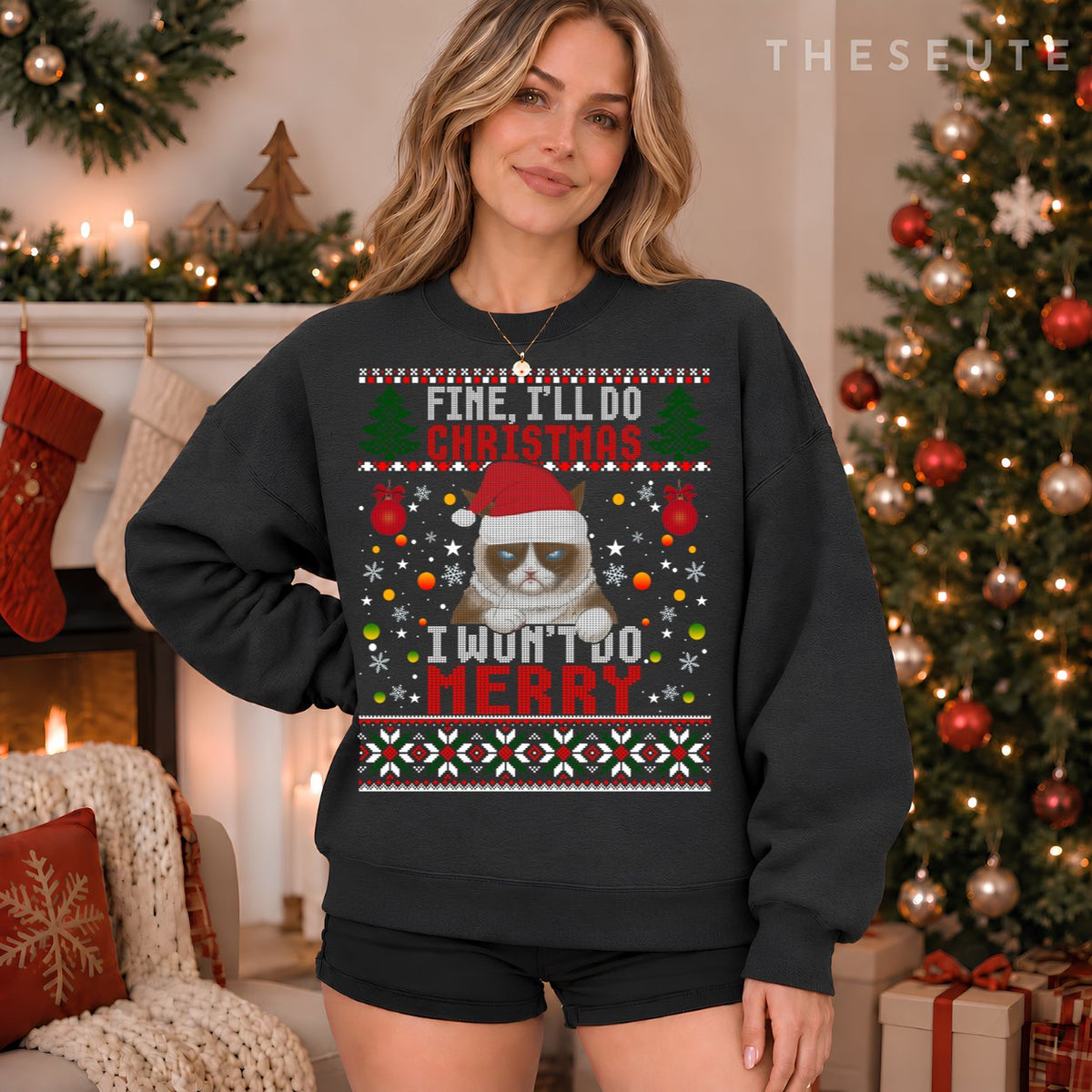 Funny Grumpy Christmas Cat Pun Joke Ugly Xmas Sweatshirt