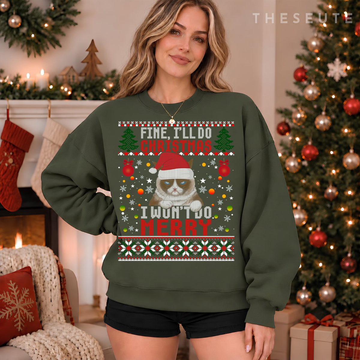 Funny Grumpy Christmas Cat Pun Joke Ugly Xmas Sweatshirt