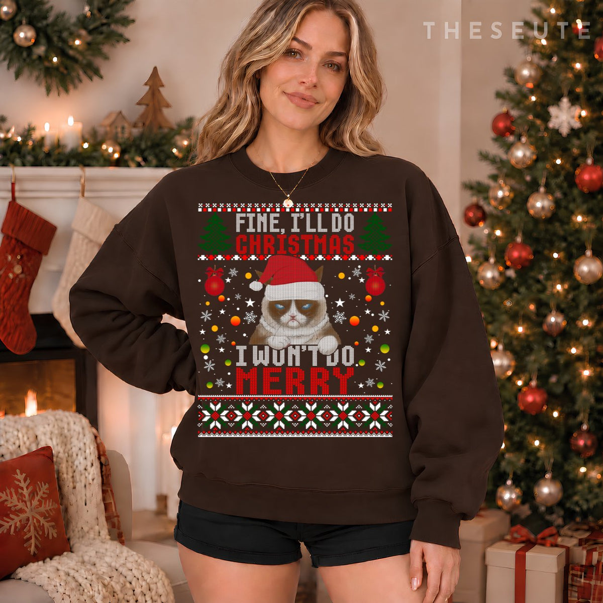 Funny Grumpy Christmas Cat Pun Joke Ugly Xmas Sweatshirt
