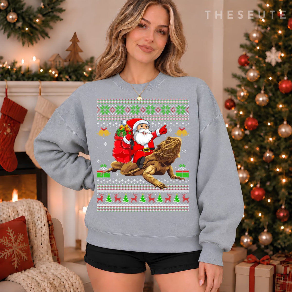 Funny Ugly Xmas Santa Riding Bearded Dragon Christmas Sweatshirt