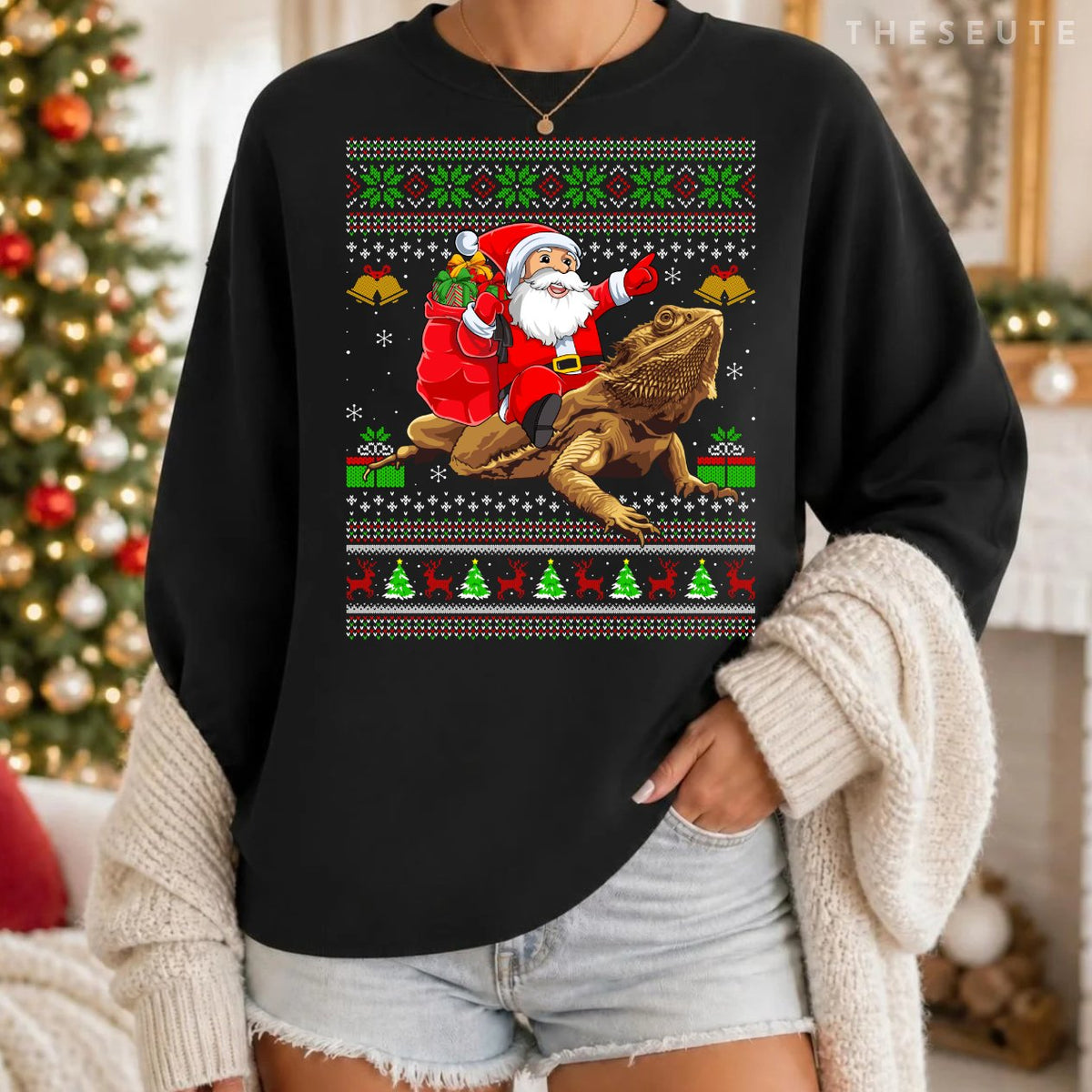 Funny Ugly Xmas Santa Riding Bearded Dragon Christmas Sweatshirt