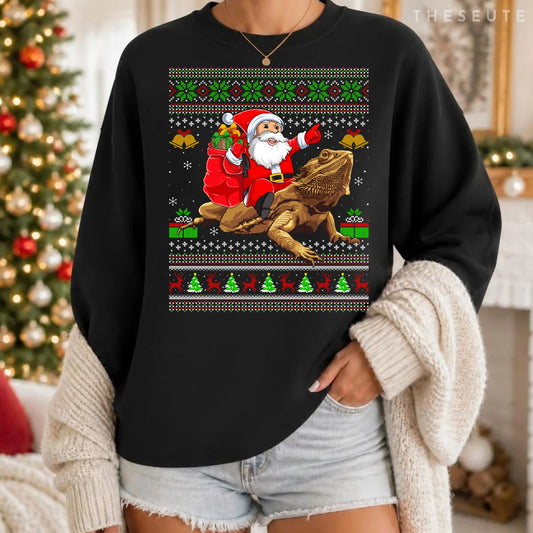 Funny Ugly Xmas Santa Riding Bearded Dragon Christmas Sweatshirt