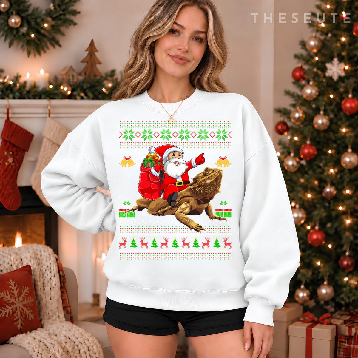 Funny Ugly Xmas Santa Riding Bearded Dragon Christmas Sweatshirt