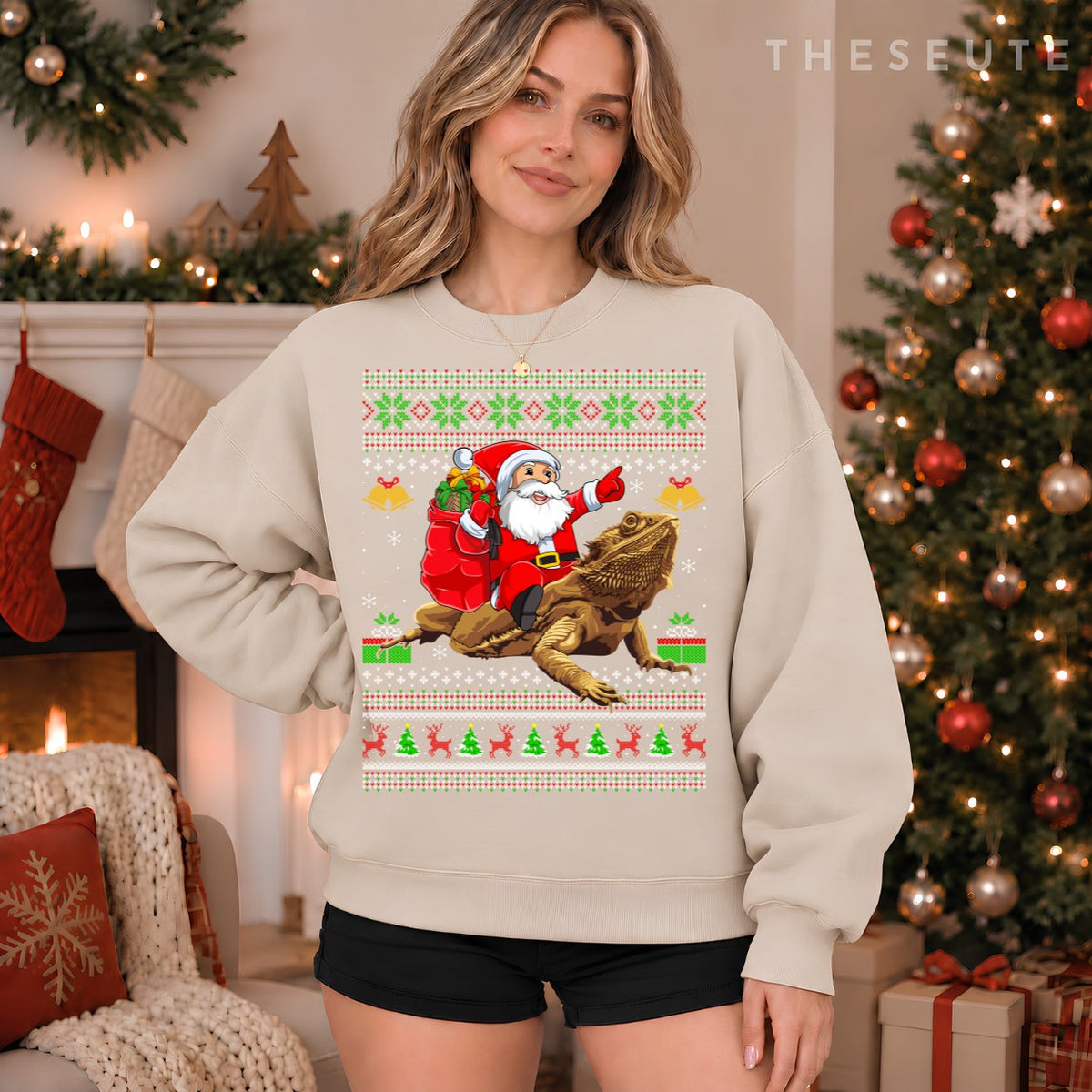 Funny Ugly Xmas Santa Riding Bearded Dragon Christmas Sweatshirt