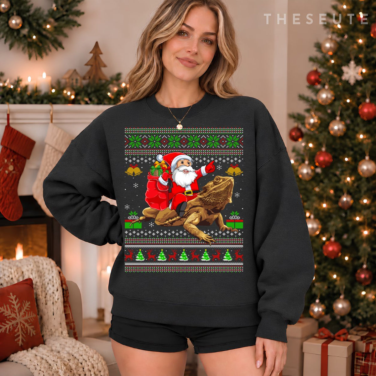 Funny Ugly Xmas Santa Riding Bearded Dragon Christmas Sweatshirt
