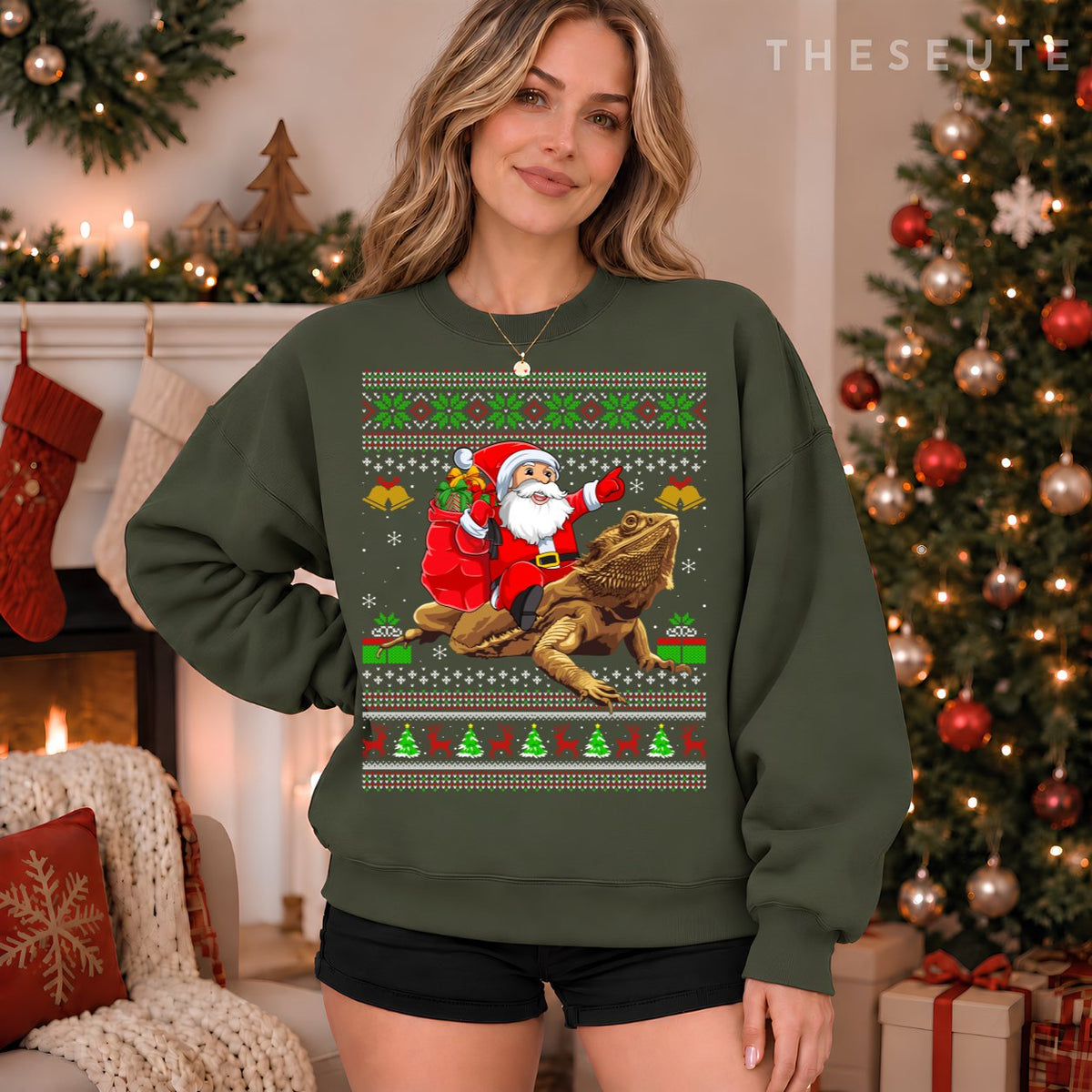 Funny Ugly Xmas Santa Riding Bearded Dragon Christmas Sweatshirt