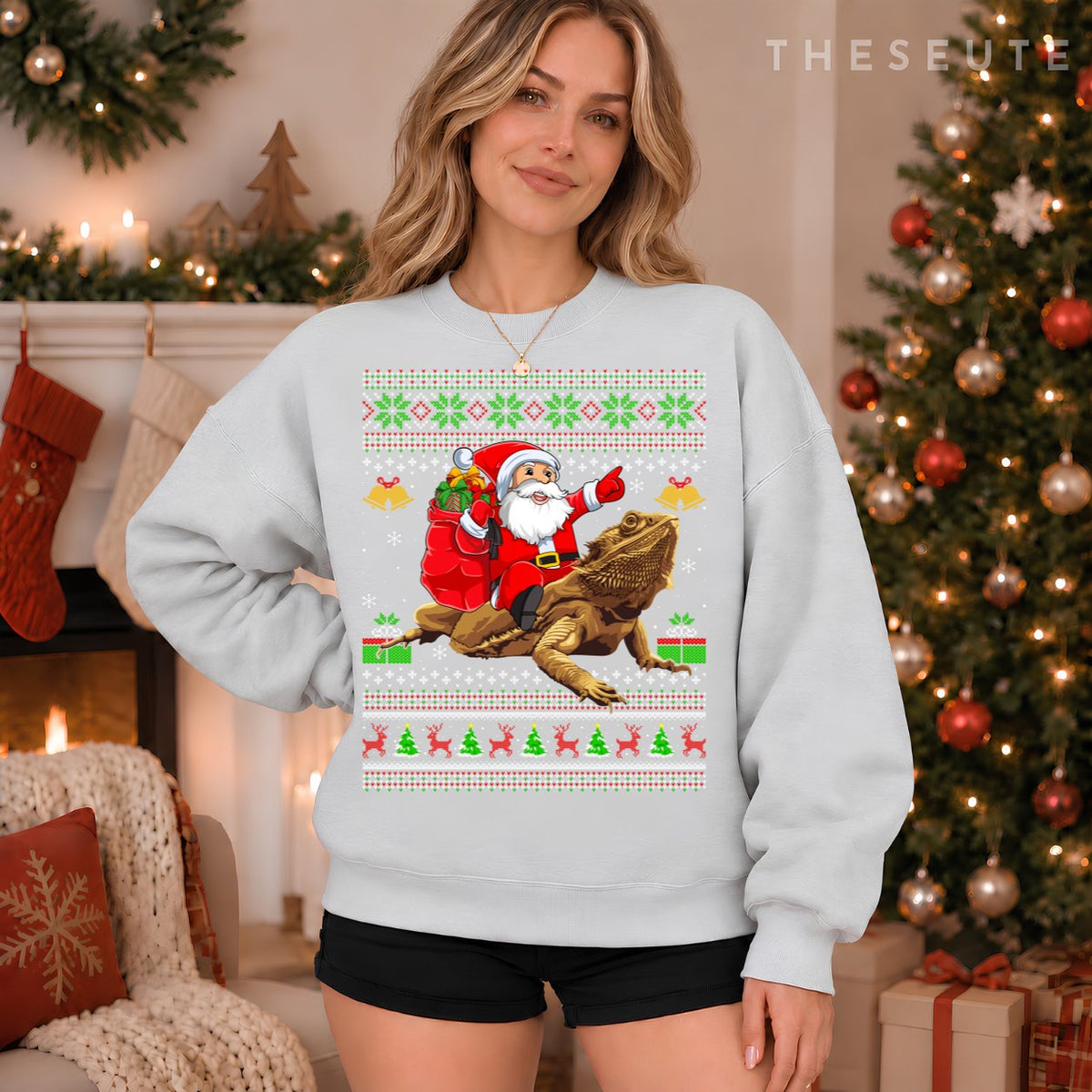 Funny Ugly Xmas Santa Riding Bearded Dragon Christmas Sweatshirt