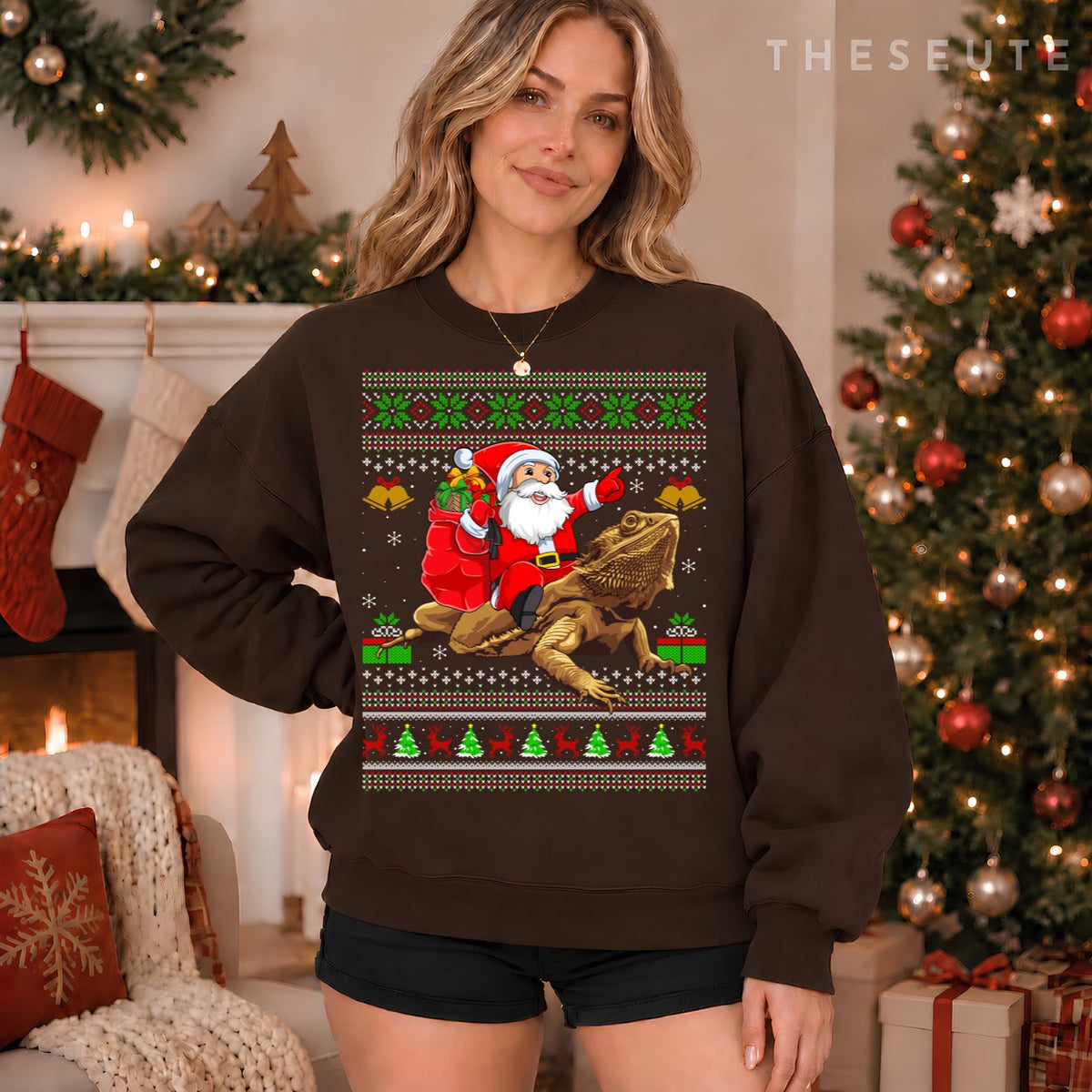 Funny Ugly Xmas Santa Riding Bearded Dragon Christmas Sweatshirt