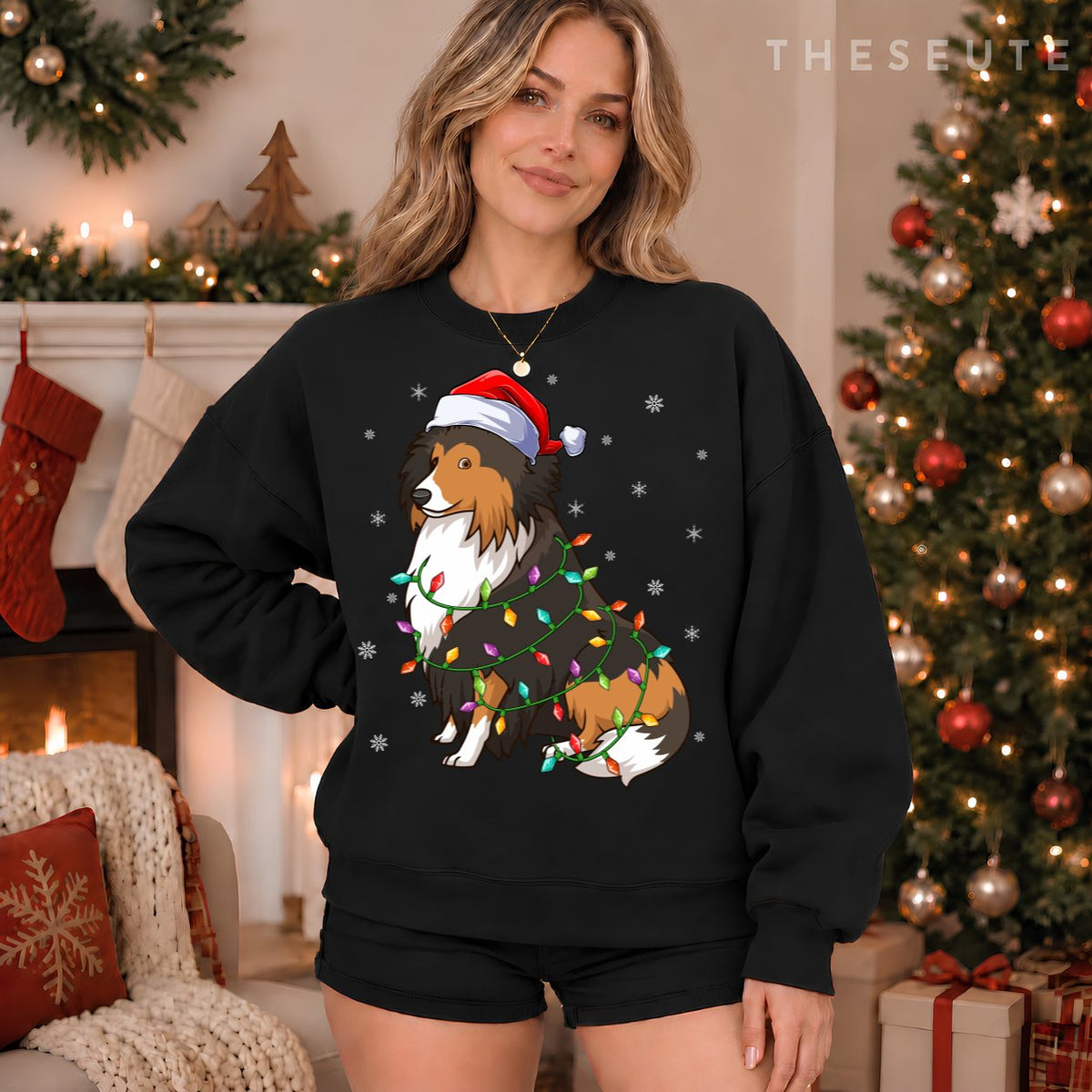 Funny Sheltie Dog Xmas Lighting Santa Hat Sheltie Christmas Sweatshirt