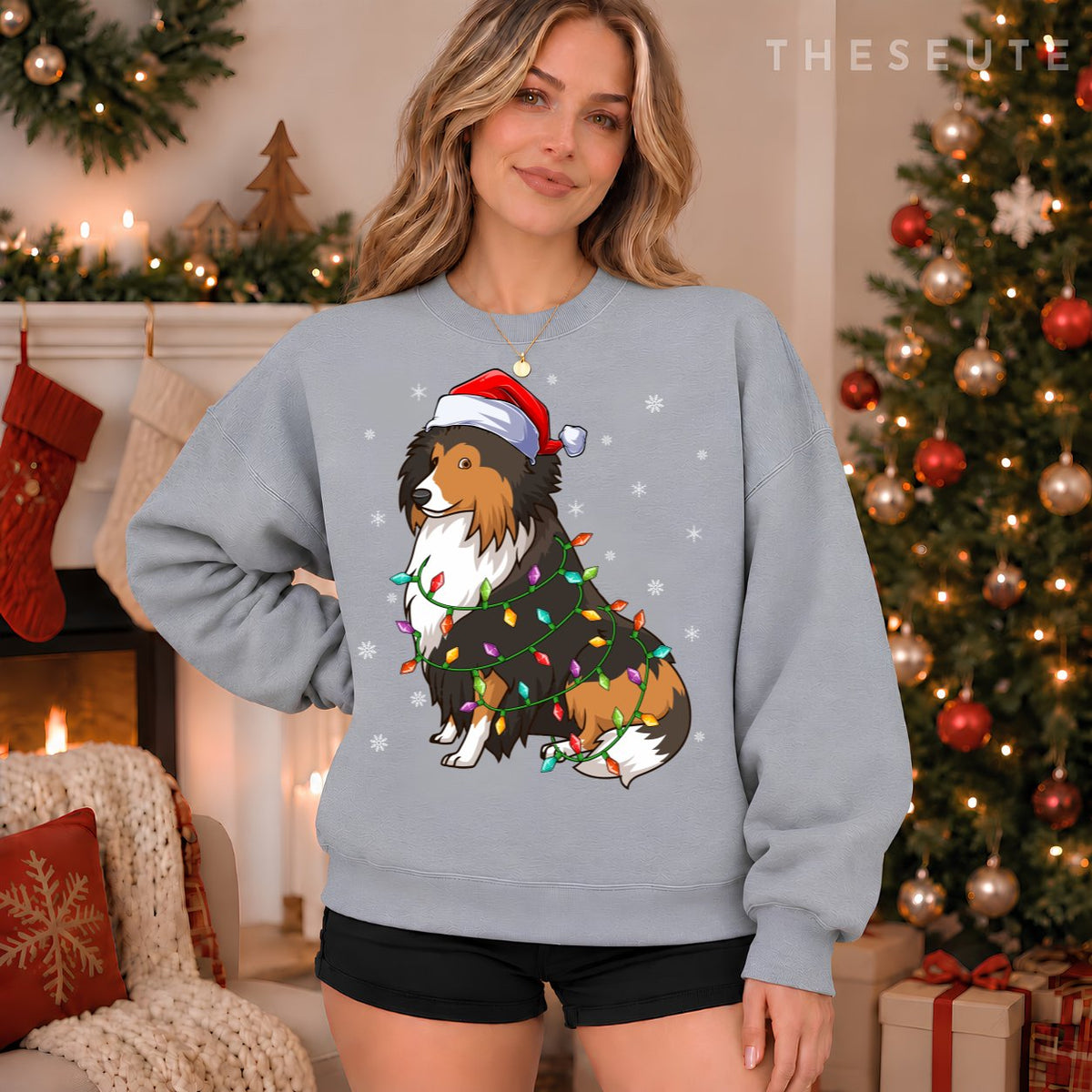 Funny Sheltie Dog Xmas Lighting Santa Hat Sheltie Christmas Sweatshirt