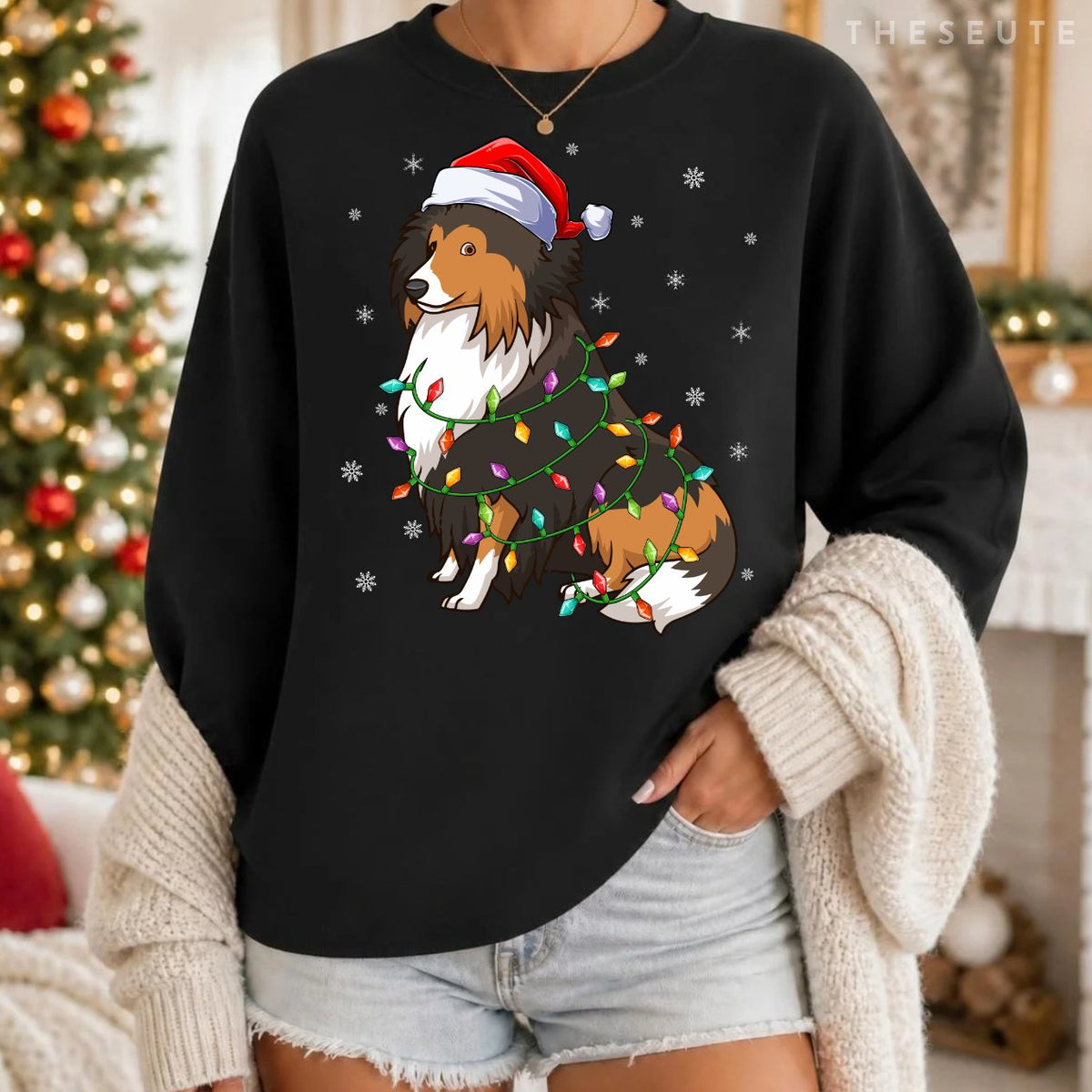 Funny Sheltie Dog Xmas Lighting Santa Hat Sheltie Christmas Sweatshirt