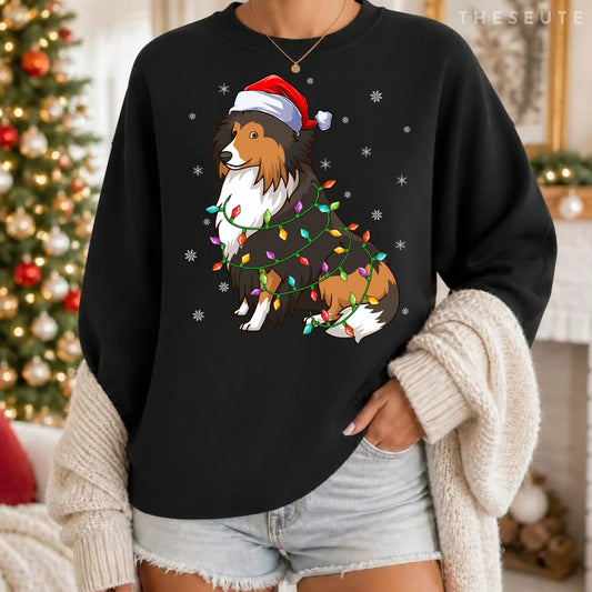 Funny Sheltie Dog Xmas Lighting Santa Hat Sheltie Christmas Sweatshirt
