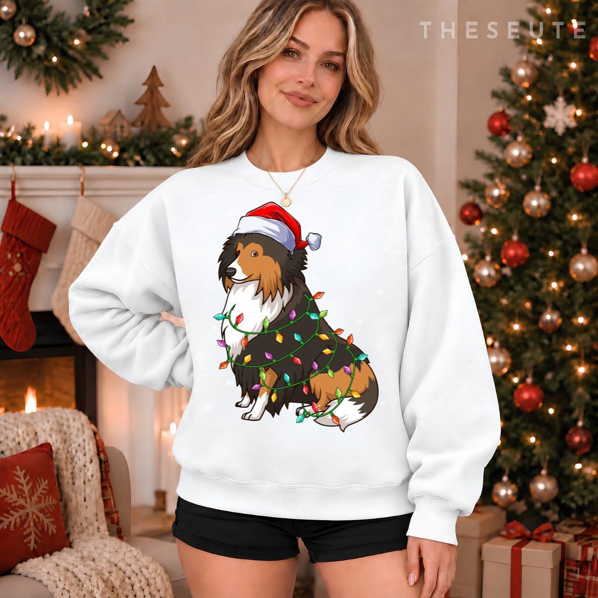 Funny Sheltie Dog Xmas Lighting Santa Hat Sheltie Christmas Sweatshirt