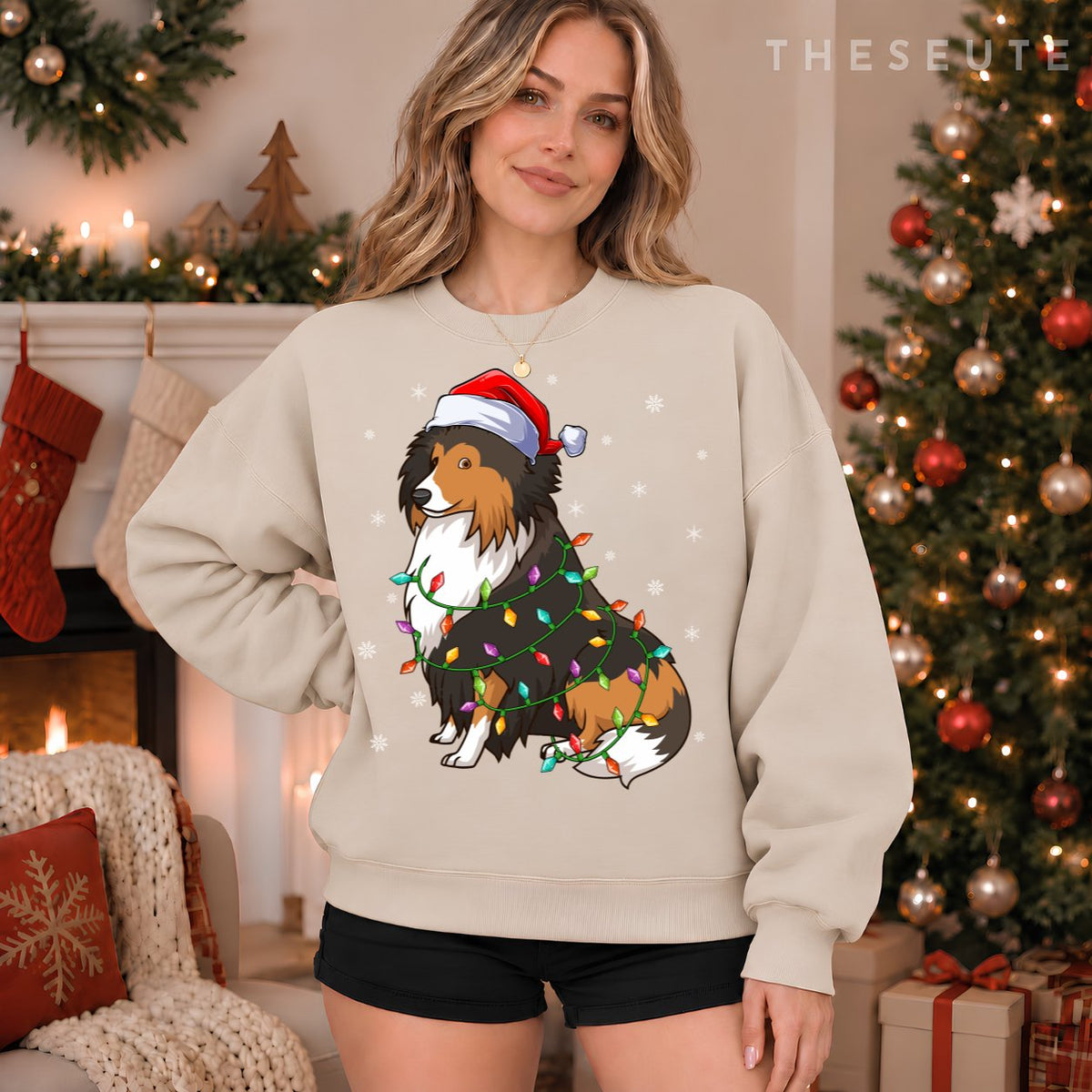Funny Sheltie Dog Xmas Lighting Santa Hat Sheltie Christmas Sweatshirt
