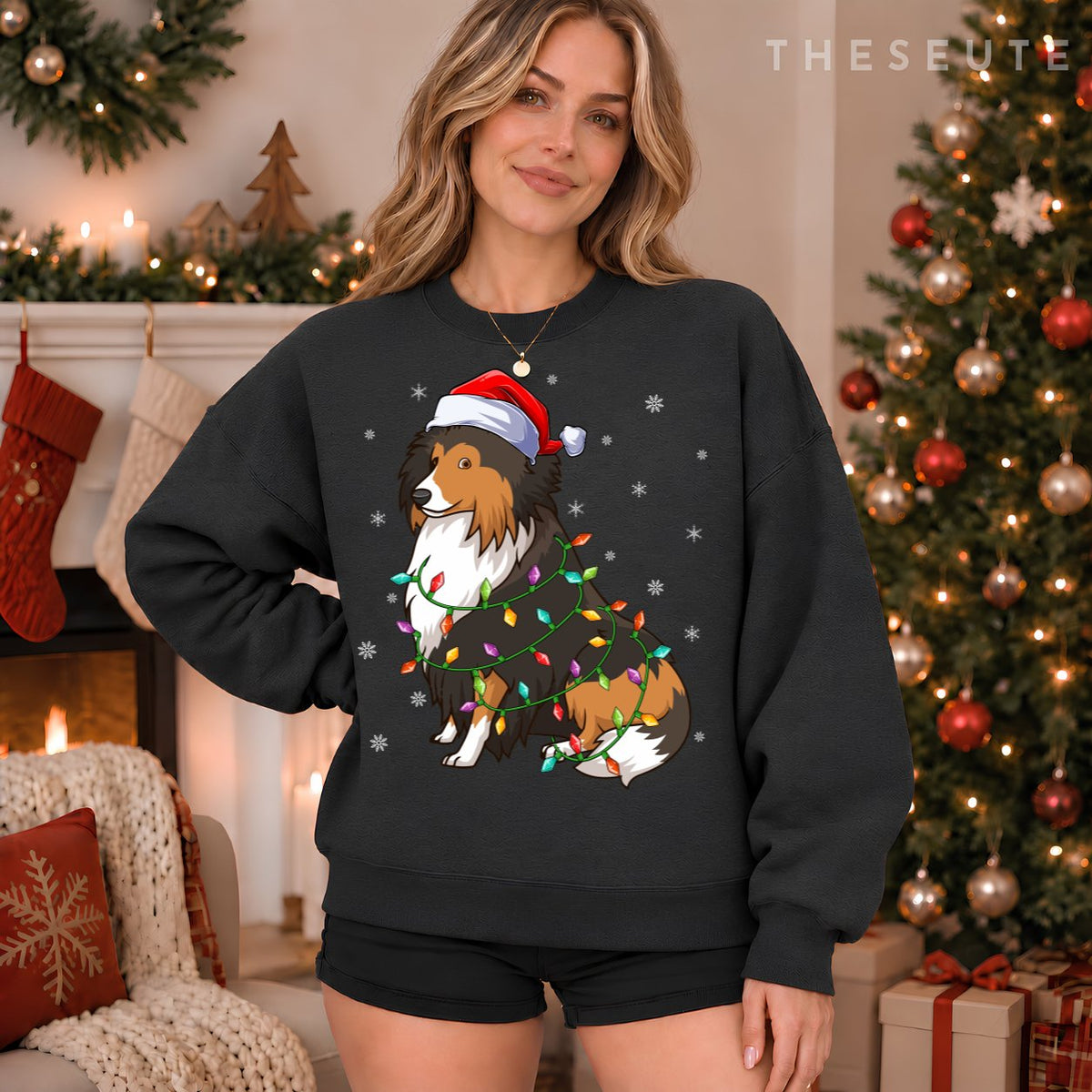 Funny Sheltie Dog Xmas Lighting Santa Hat Sheltie Christmas Sweatshirt