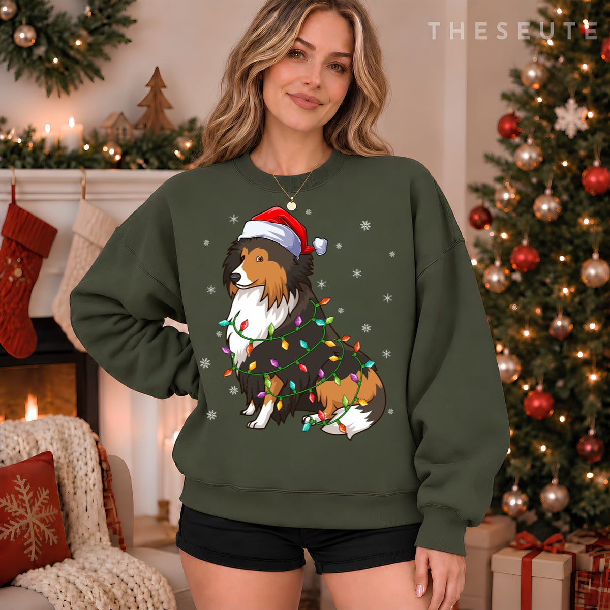 Funny Sheltie Dog Xmas Lighting Santa Hat Sheltie Christmas Sweatshirt