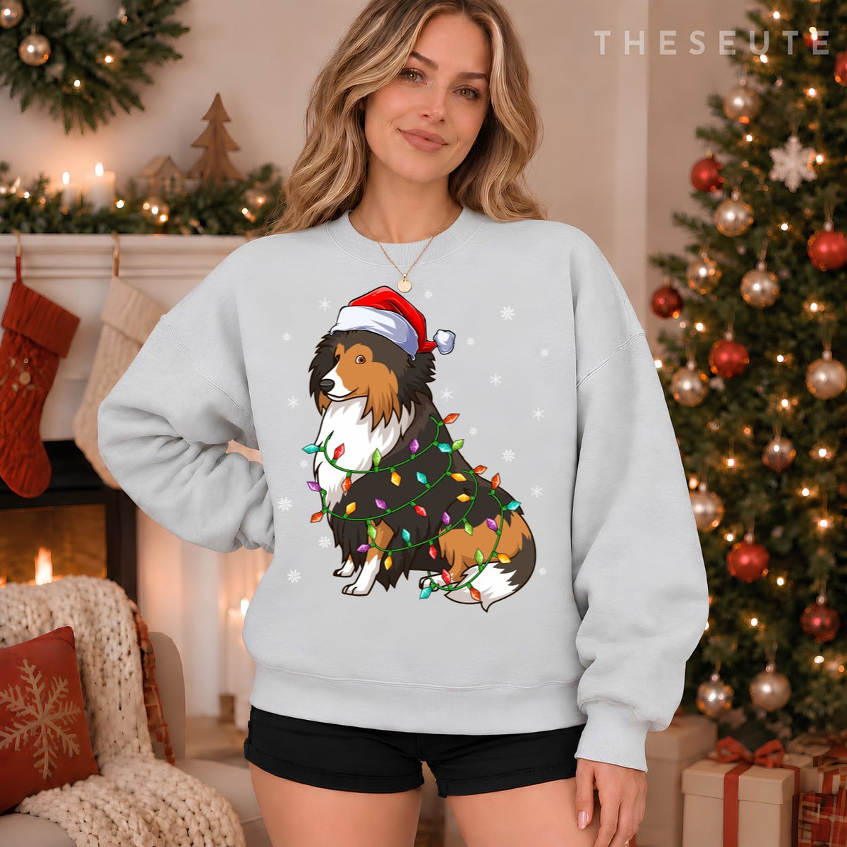 Funny Sheltie Dog Xmas Lighting Santa Hat Sheltie Christmas Sweatshirt