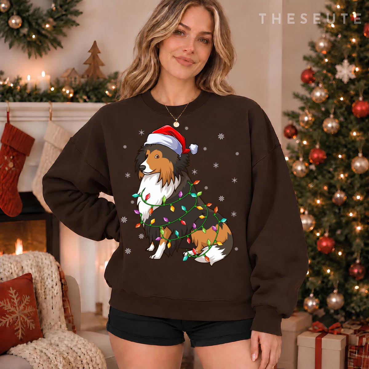 Funny Sheltie Dog Xmas Lighting Santa Hat Sheltie Christmas Sweatshirt