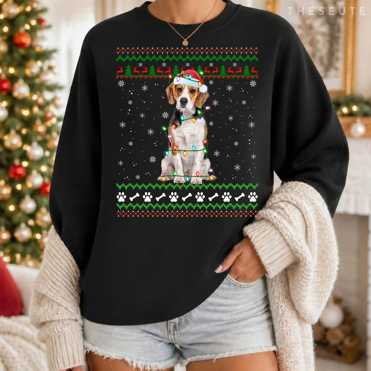 Beagle Dog Ugly Xmas Sweatshirt Lighting Santa Beagle Christmas Sweatshirt