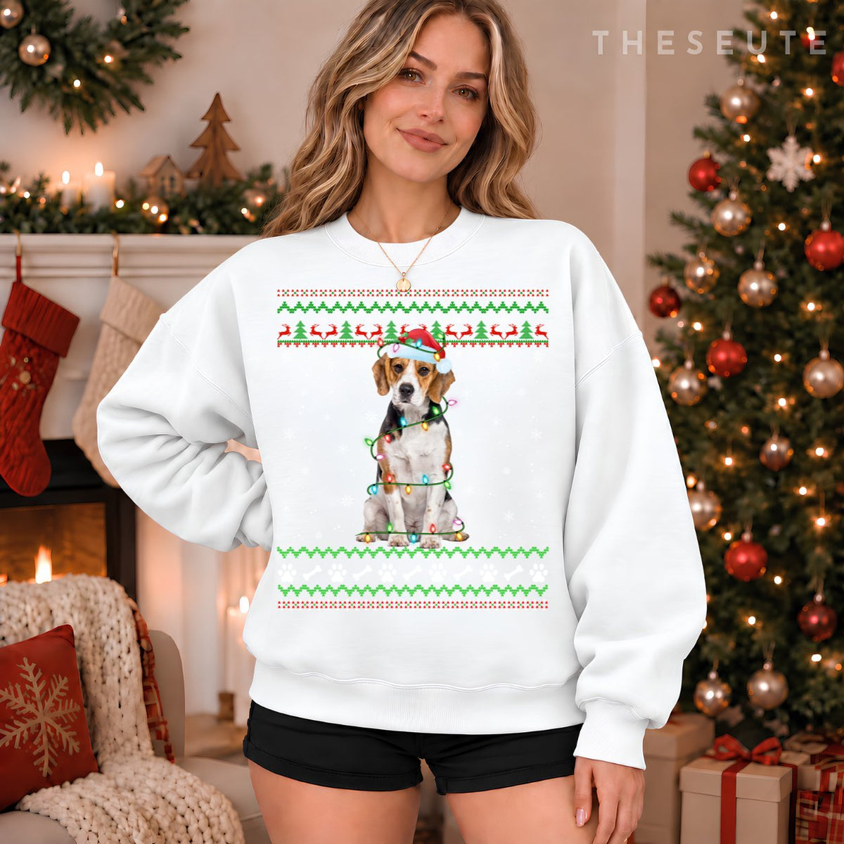 Beagle Dog Ugly Xmas Sweatshirt Lighting Santa Beagle Christmas Sweatshirt
